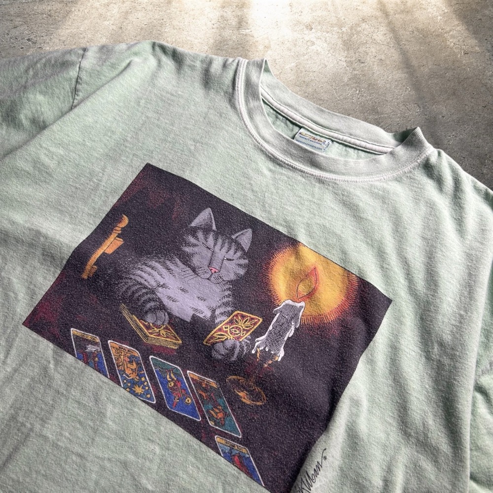 Crazy Shirts B. Kliban Tarot Card Cat Graphic Tee Green Vintage 90s Size XL